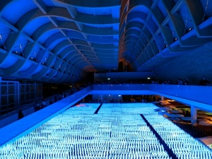 blu, soffitto, architettura, azzurro, onde, expo, persone, curve, padiglione, celeste, volta