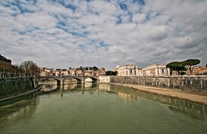 fiume, ponte, nuvole, città, riflesso, acqua, panorama, roma, cielo, case