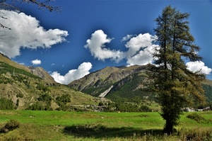 nuvole, cielo, montagne, verde, albero, ombra, alberi, prato, montagna, erba, azzurro, paesaggio, case, panorama