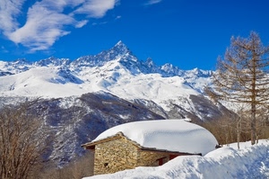 neve, inverno, montagne, alberi, nuvole, montagna, casa, cielo, bianco, tetto, azzurro, cima, vetta